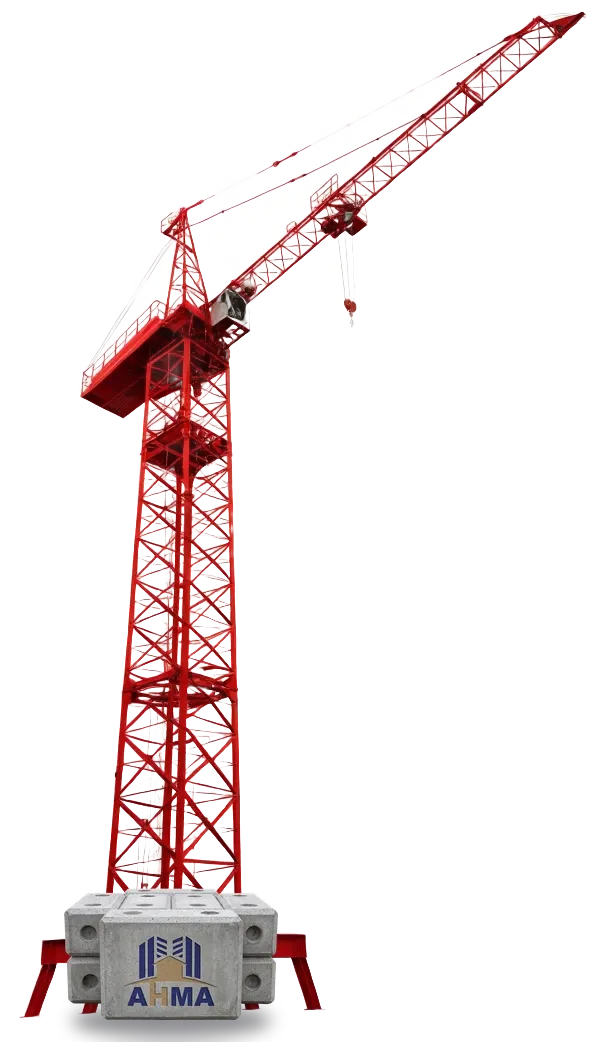 Grue à tour du parc AHMA, lest béton siglé AHMA
