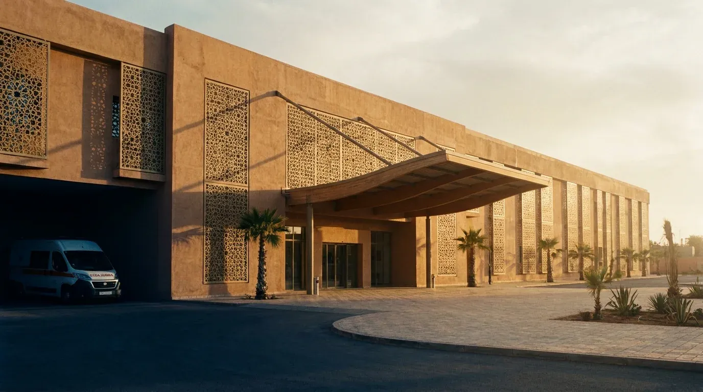 Hôpital public moderne, façade en moucharabieh